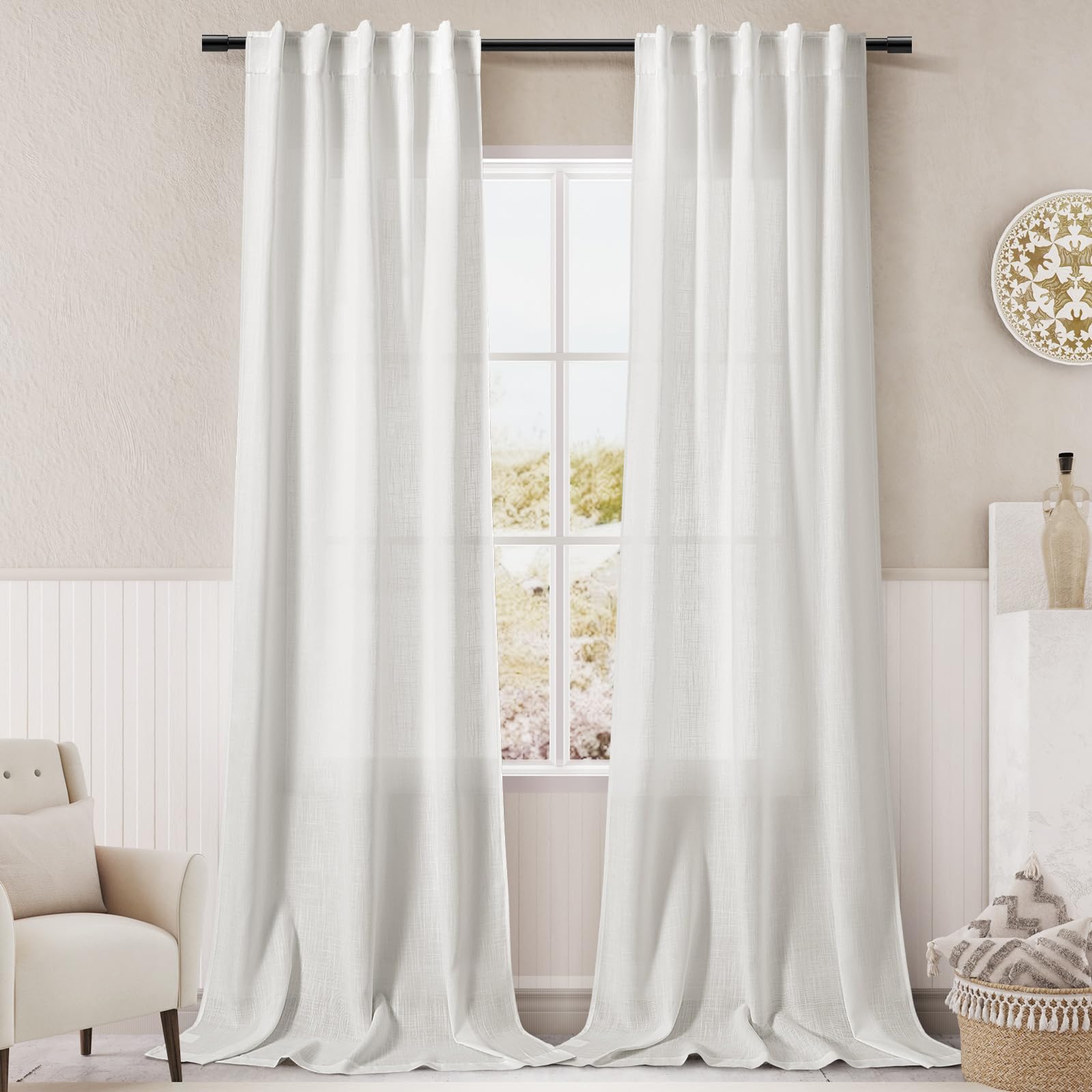 Off White Semi Sheer Linen Curtains 90 inch Length for Living Room Back Tab Rod Pocket Modern Farmhouse Coastal Decor White Cotton Textured Gauze Curtains 90 inches Long for Dining Room Office