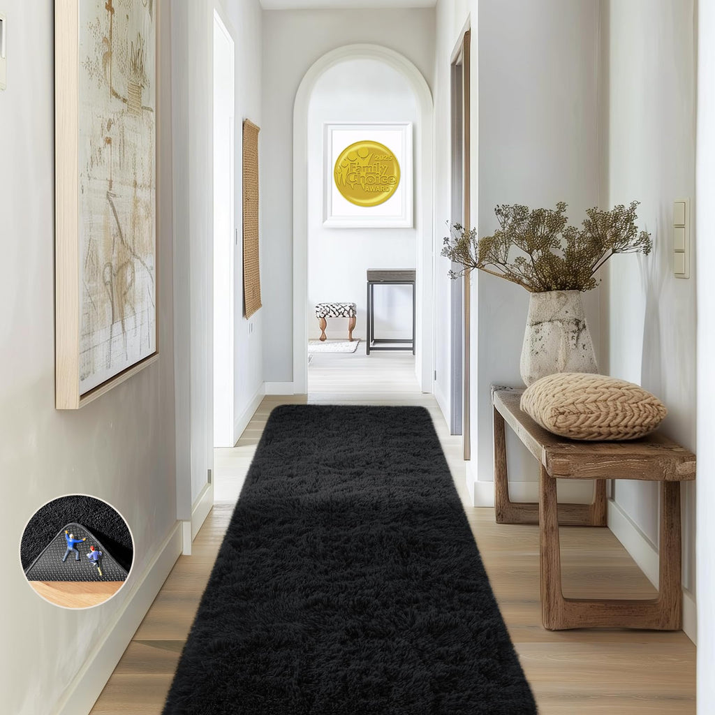 Ophanie Runner Rug for Hallway, 2x6 Bedroom Black Runner Rugs, Non Slip Fluffy Soft Shaggy Bedside Carpet for Kids Girls Boys Home Decor Aesthetic, Dorm Nursery