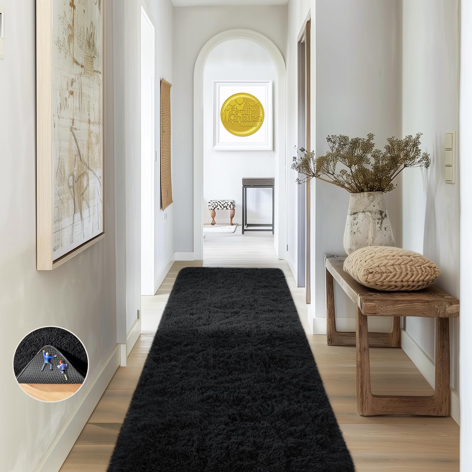Ophanie Runner Rug for Hallway, 2x6 Bedroom Black Runner Rugs, Non Slip Fluffy Soft Shaggy Bedside Carpet for Kids Girls Boys Home Decor Aesthetic, Dorm Nursery