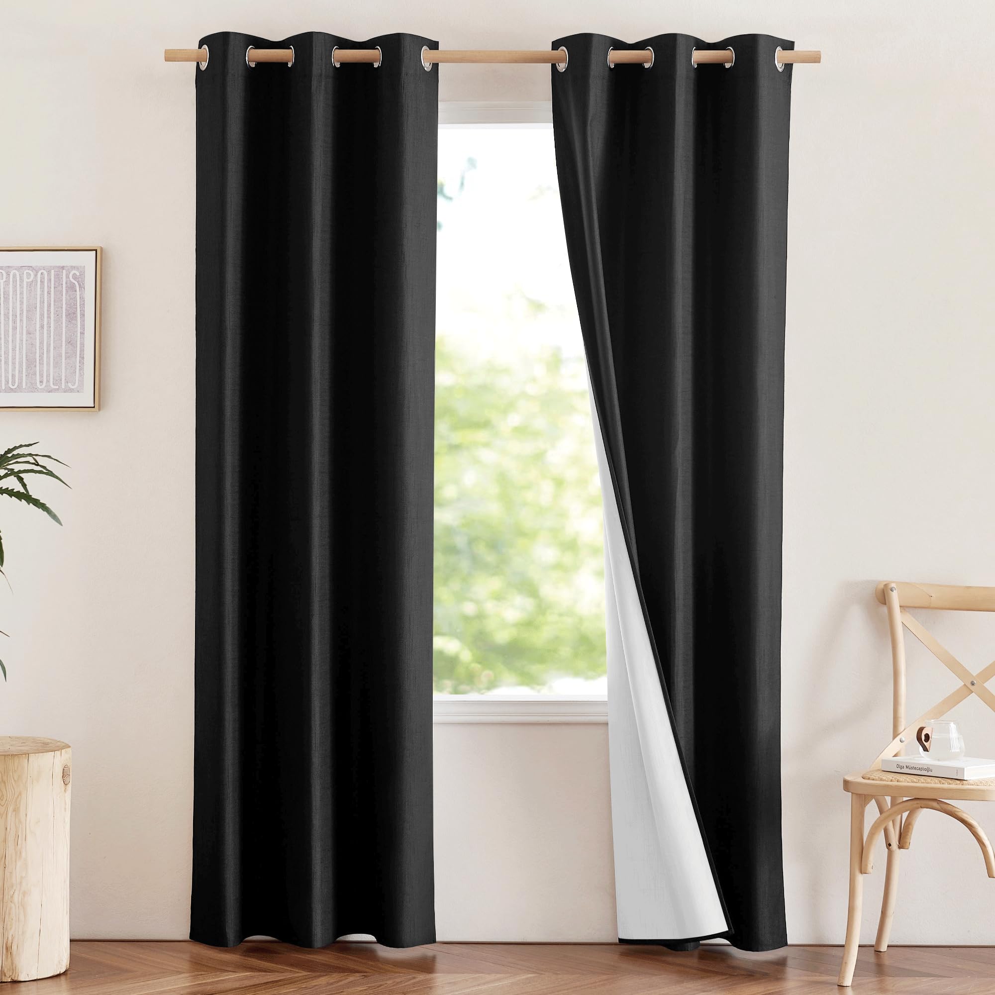NICETOWN Vintage Open Linen Weave Flax Thermal Curtains, 100% Blackout Curtains 84 inches Long for Dining Room, Soundproof Window Treatment Drapes for Hall Room, Black, 42" Wide Per Panel, Set of 2