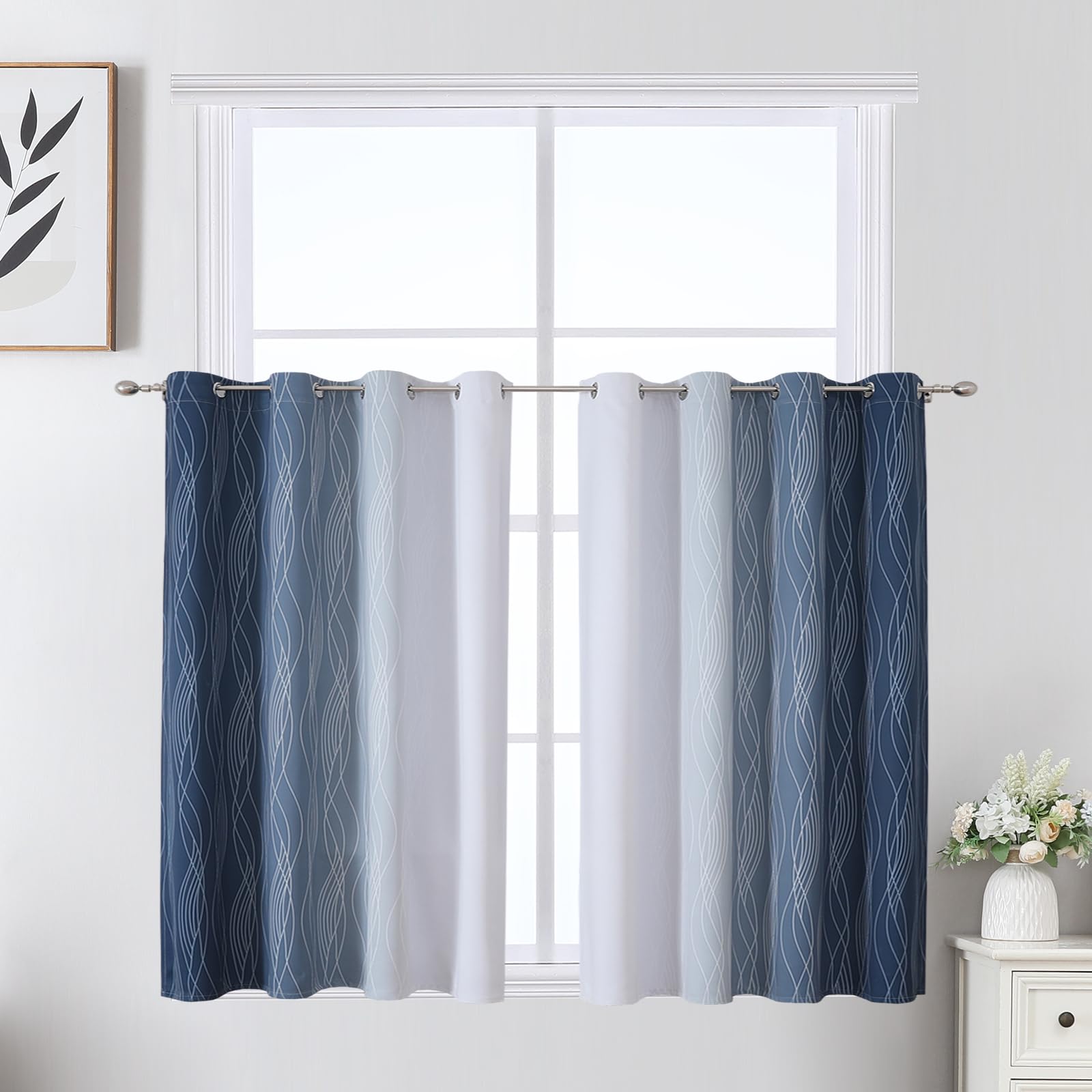 Navy Blue and Greyish White Blackout Curtains for Kitchen 36 Inch Length