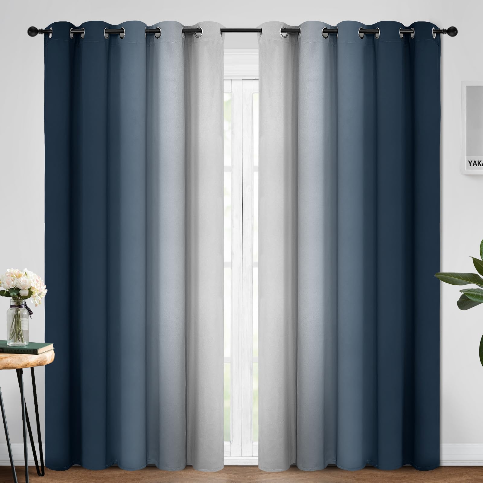 Yakamok Ombre Curtains Navy Blue and Greyish White for Living Room,70Wx84L