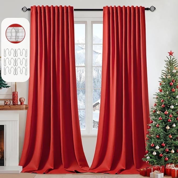 MIULEE Christmas Red Back Tab Blackout Curtain 96 Inch Long 2 Panels Set for Living Room Bedroom, Rod Pocket/Pinch Pleat Thermal Insulated Room Darkening Pleated Light Blocking Floor to Ceiling Drape