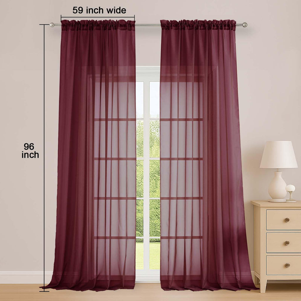 OWENIE Sheer Curtains 2 Panels Set for Bedroom Living Room, Soft Solid Rod Pocket Light Filtering Window Treatment, 2Pcs Each 59" W x 96" L, Burgundy Wine