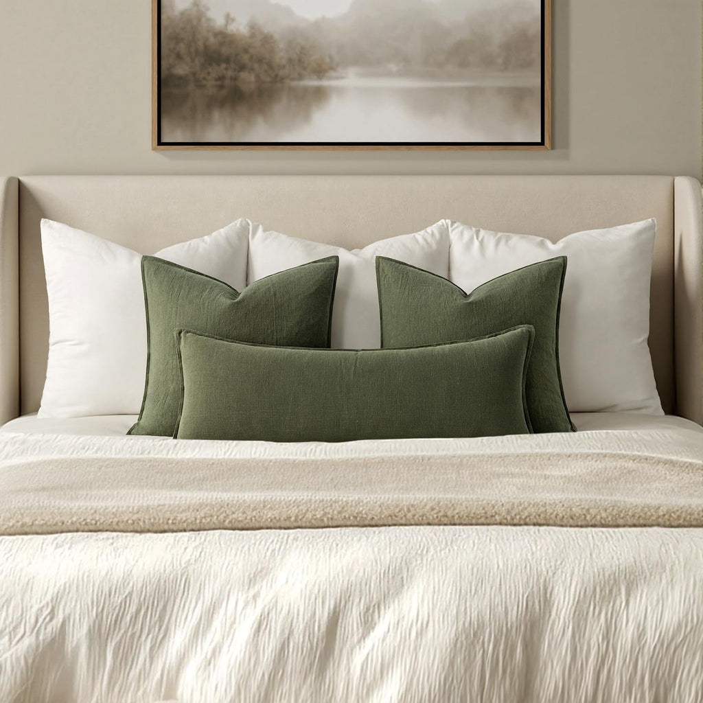 MIULEE Decorative Linen Lumbar Pillow Cover 14x36 Inch Dark Olive Green