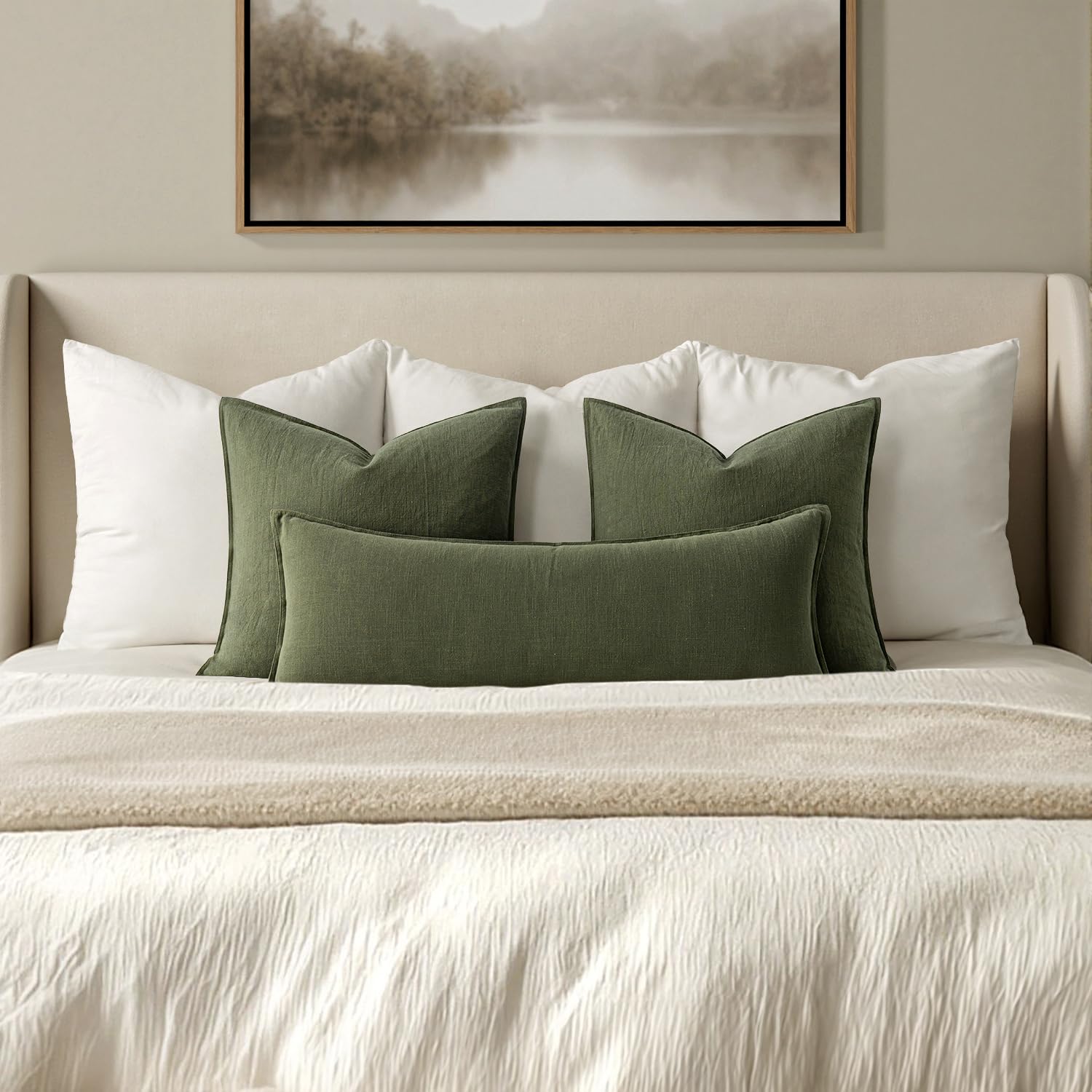MIULEE Decorative Linen Lumbar Pillow Cover 14x36 Inch Dark Olive Green