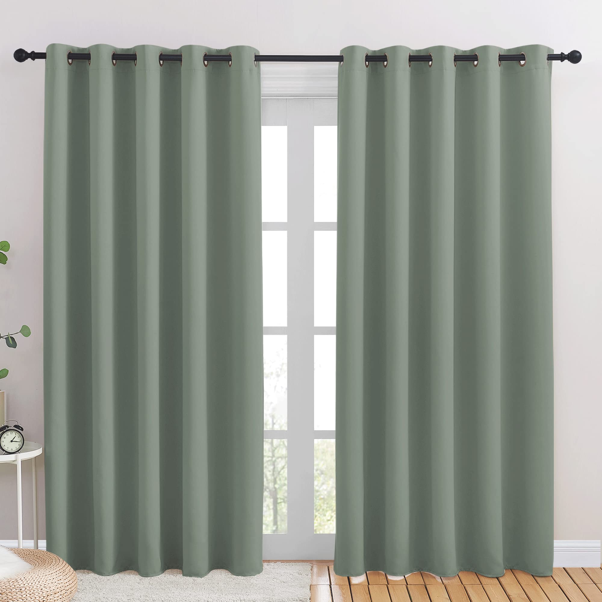 NICETOWN Blackout Draperies Curtains for Kids Room, Window Treatment Thermal Insulated Solid Grommet Blackout Drape Panels for Bedroom (Greyish Green, Set of 2, 70 by 84 inches)
