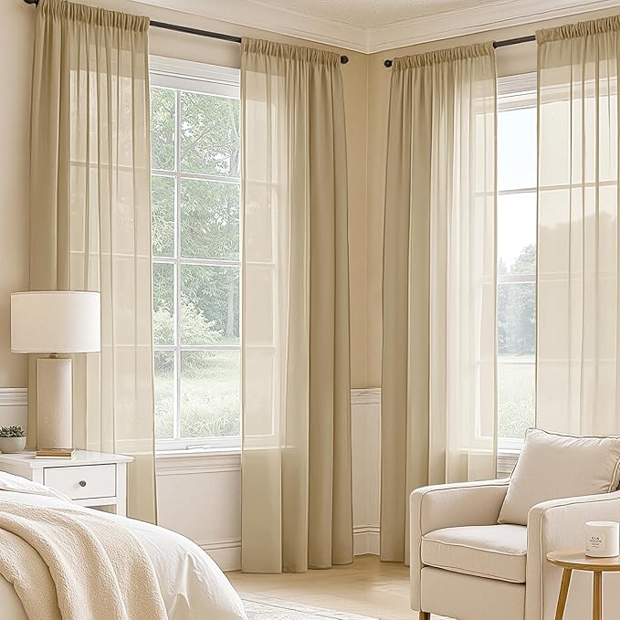 MIULEE Beige Sheer Curtains 108 Inches Long, 4 Panels Set, Rod Pocket Voile Drapes Light Filtering and Semi Transparent, Elegant Window Treatments for Bedroom Living Room,42 x 108 Inches