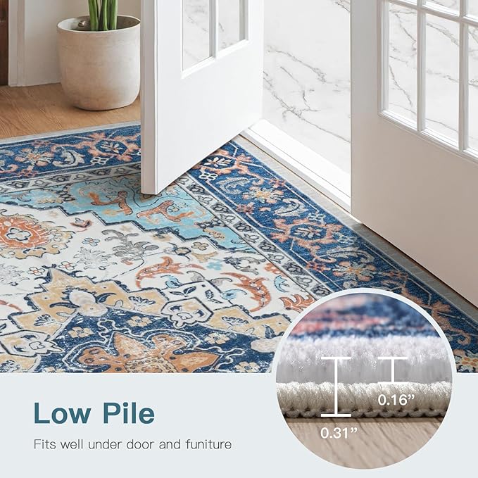 Lofus 9x12 Area Rugs for Living Room, Washable Area Rug, Rugs for Bedroom, Kitchen, Vintage Boho Carpet, Soft Non-Slip, Low Pile Large Area Rug for Office Dining Room, Floral Blue