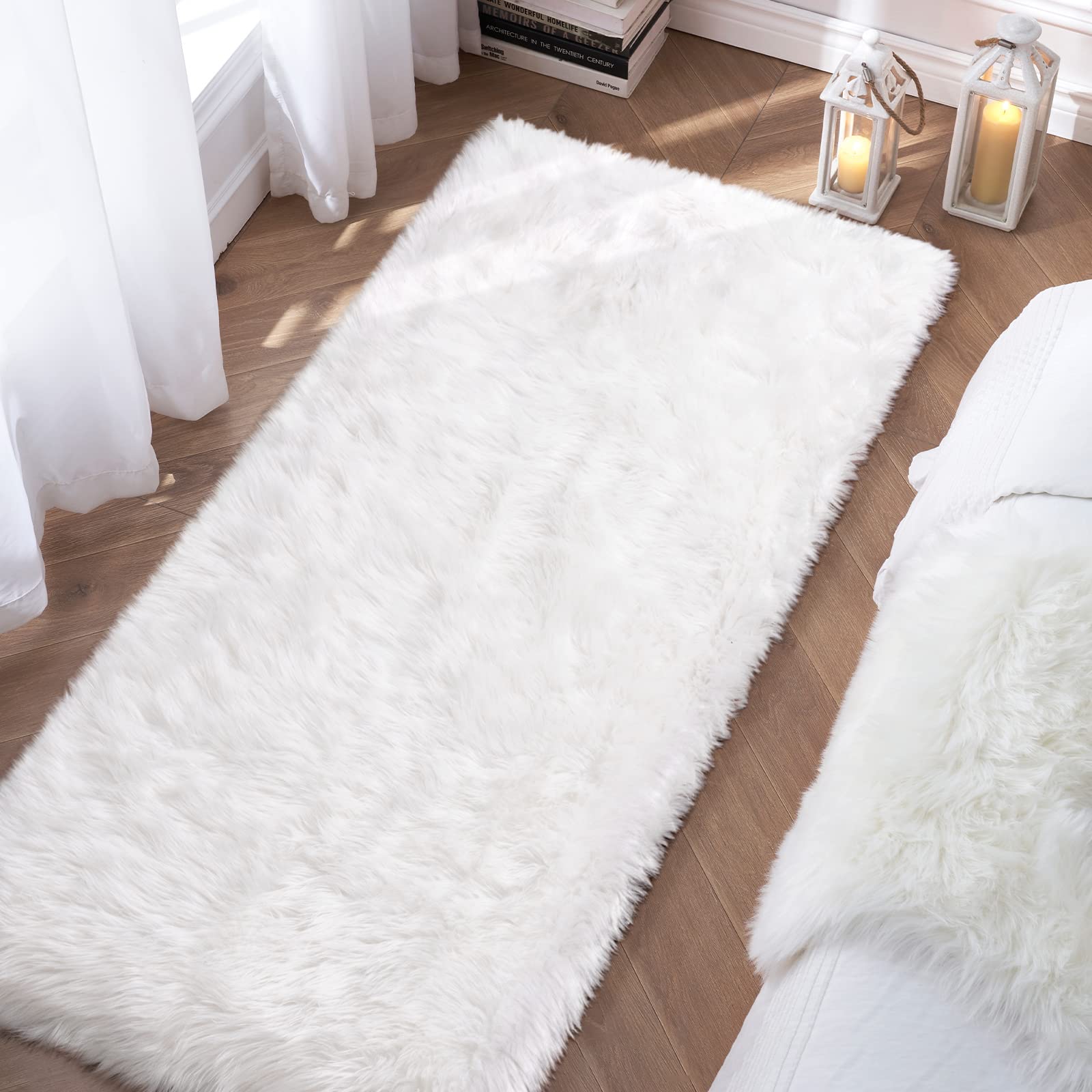 Tangsoo 2x6 White Fluffy Faux Fur Runner Rug,Soft Sofa Couch Cover Cushion