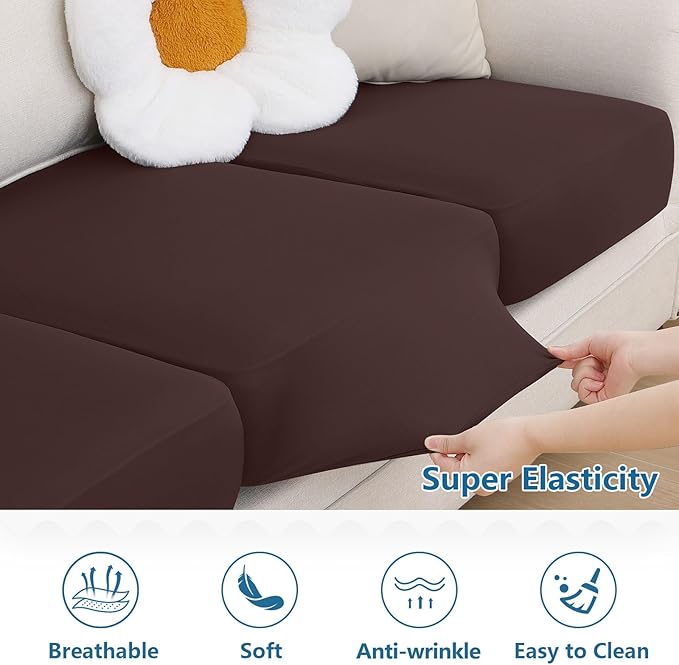 hyha Milk Silk Couch Cushion Covers, Soft Magic Sofa Covers Washable for 3 Cushion Couch, Stretch Sectional Outdoor Cushion Covers for Patio Furniture with Elastic Bottom(Large, Chocolate)