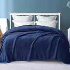 Exclusivo Mezcla Fleece Queen Size Blanket for Bed, 90x90 Inches Soft Cozy Jacquard Flannel Blankets, Lightweight Fuzzy Plush Warm for Women, Navy Blue