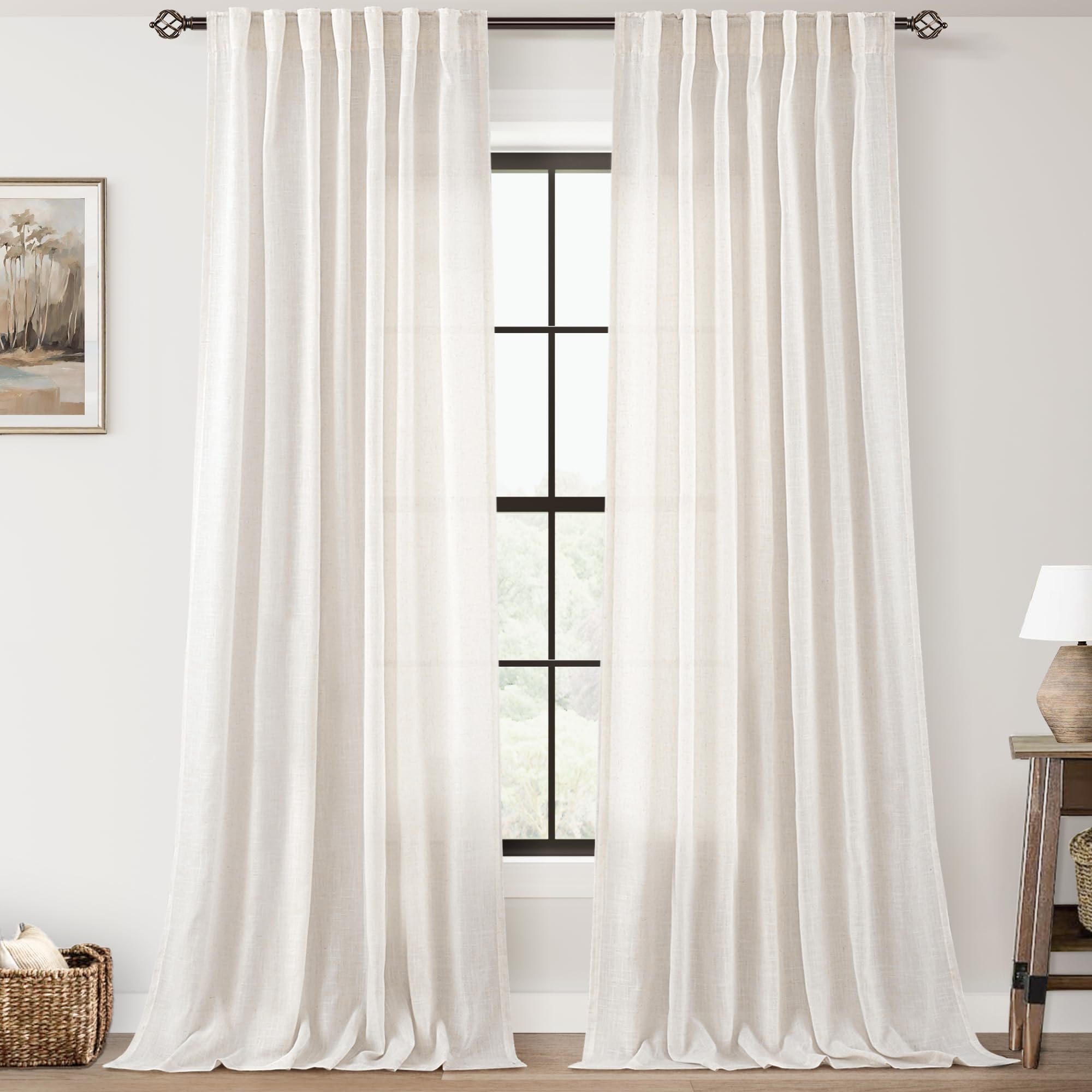 Extra Long 120 inch Curtains Linen Blend for Living Room Back Tab Neutral Rustic Farmhouse Light Filtering Semi Sheer Linen Drapes 120 inch Ceiling to Floor For Large Window Villa Hallway Ivory 10 FT