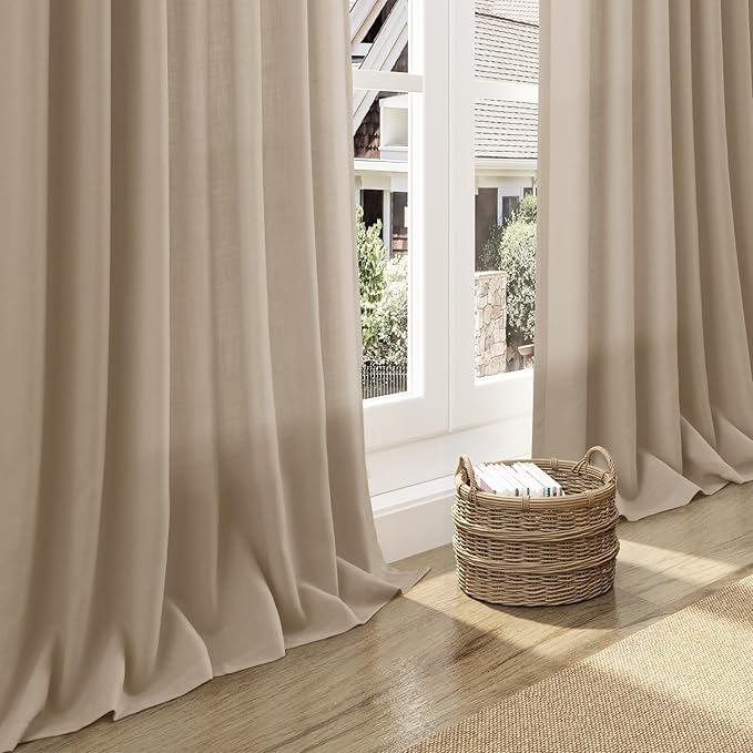 Sepia Beige Linen Curtains 90 Inches Long for Living Room Rustic Farmhouse Decor Light Filtering Semi Sheer Curtain Back Tab Rod Pocket Neutral Modern Luxury Drapes for Bedroom Office 52x90, 2 Panels