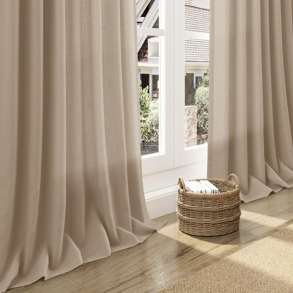 Nanspring Sepia Beige Linen Curtains 84 Inch Length 2 Panels Set for Living Room Rustic Farmhouse Decor Light Filtering Semi Sheer Curtain Back Tab Neutral Modern Drapes for Bedroom Office 52x84