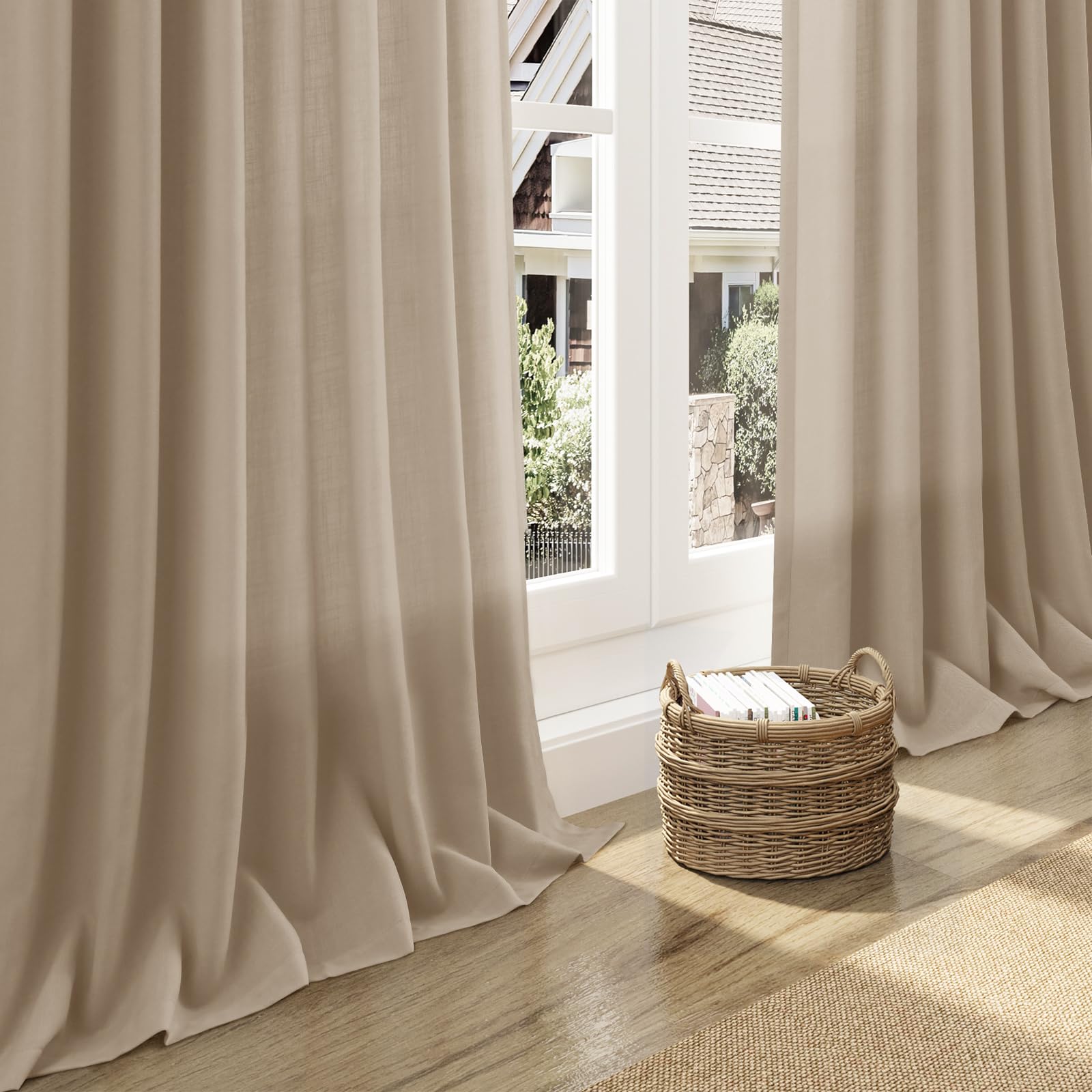 Nanspring Sepia Beige Linen Curtains 84 Inch Length 2 Panels Set for Living Room Rustic Farmhouse Decor Light Filtering Semi Sheer Curtain Back Tab Neutral Modern Drapes for Bedroom Office 52x84