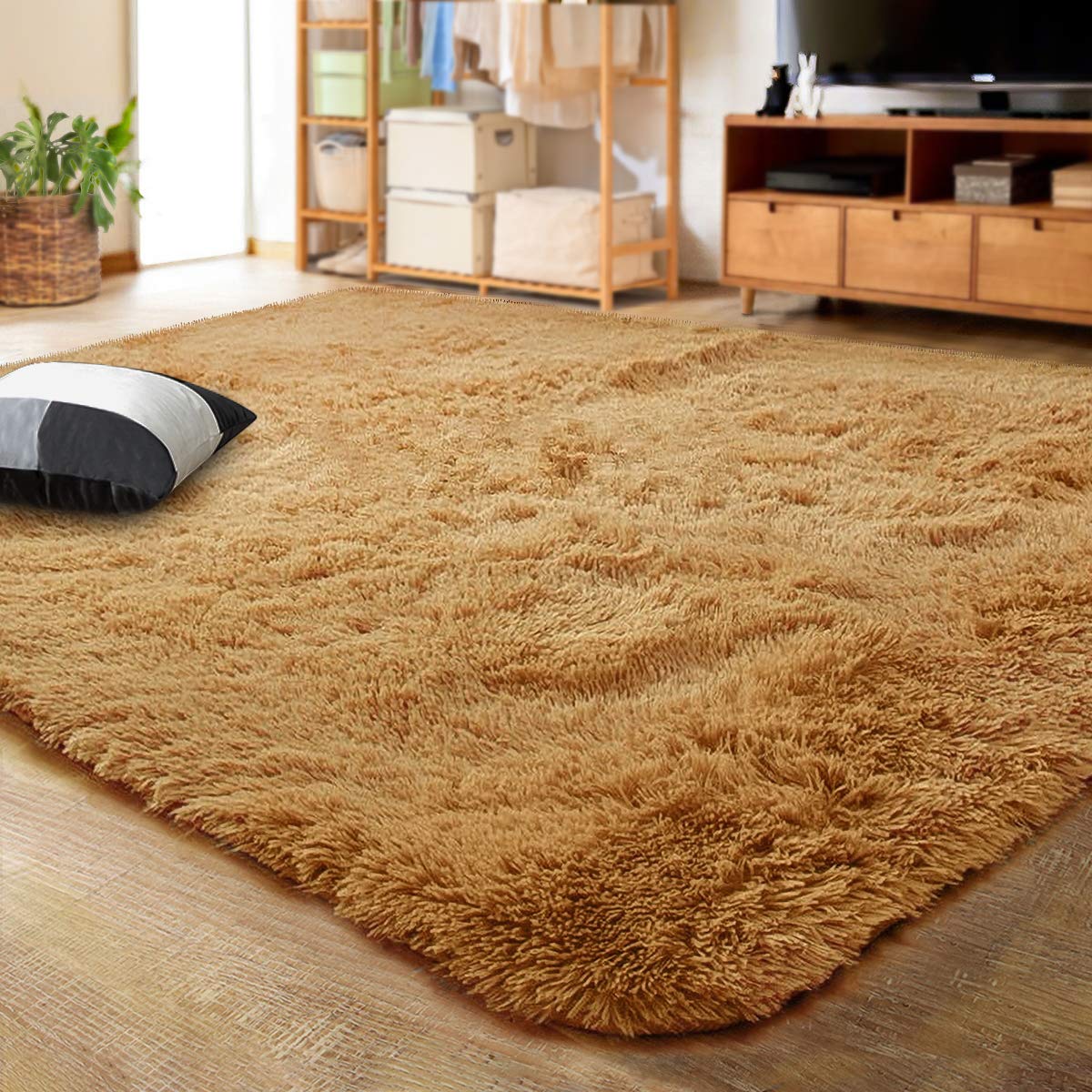 LOCHAS Area Rugs Fluffy Living Room Carpets for Kids Bedroom 4x5.3, Khaki