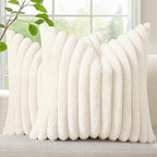 decorUhome Summer Cozy Faux Fur Throw Pillow Covers 12x12 Set of 2 Decorative Soft Plush Striped Modern Farmhouse Boho Couch Pillow Cases with Velvet Back for Sofa Bed Living Room, Cream White