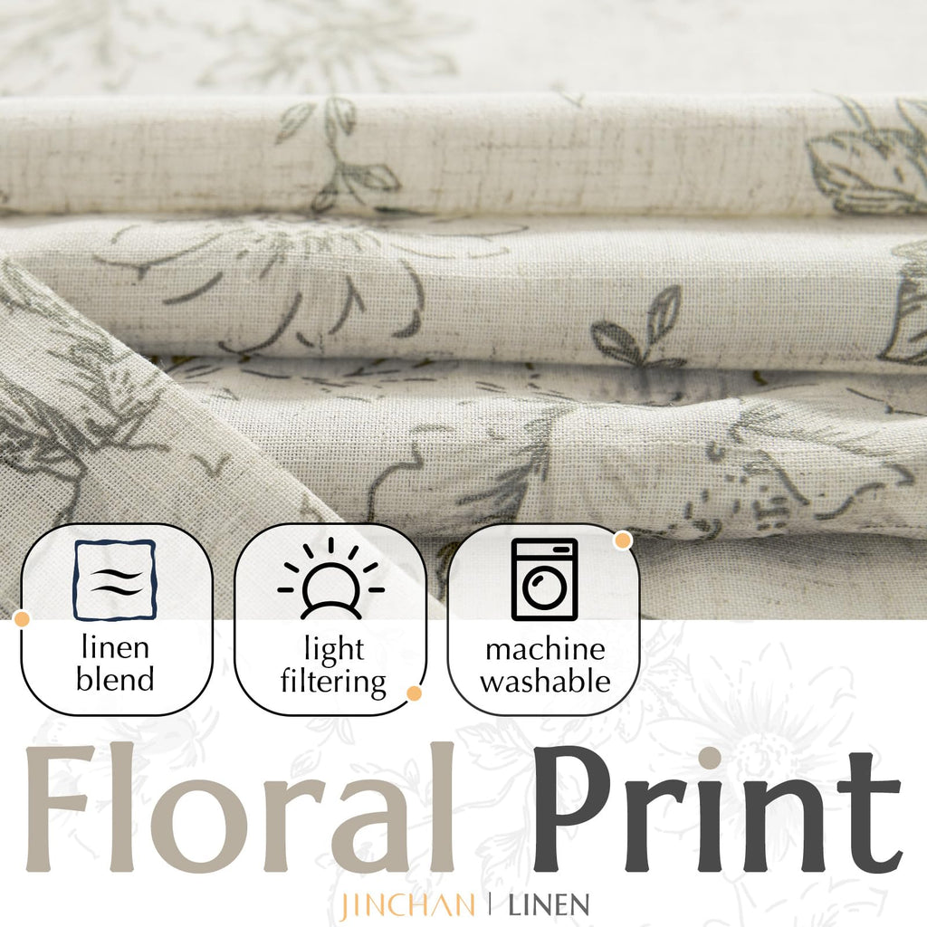jinchan Grey Floral Linen Light Filtering Curtains for Living Room 90 Inches Long