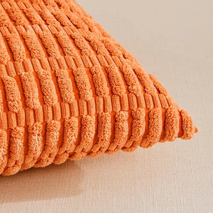 Fancy Homi 4 Packs Orange Fall Decorative Throw Pillow Covers 14x14 Inch for Couch Bed Sofa, Halloween Pumpkin Autumn Home Decor, Soft Cute Plush Corduroy Striped Cushion Case 35x35 CM