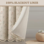 Boho Floral 100% Blackout Curtains 72 Inch Length 2 Panels Set, Linen Texture Farmhouse Curtains Beige Tassel for Living Room Bedroom Vintage Rustic Patterned Printed Western Rod Pocket