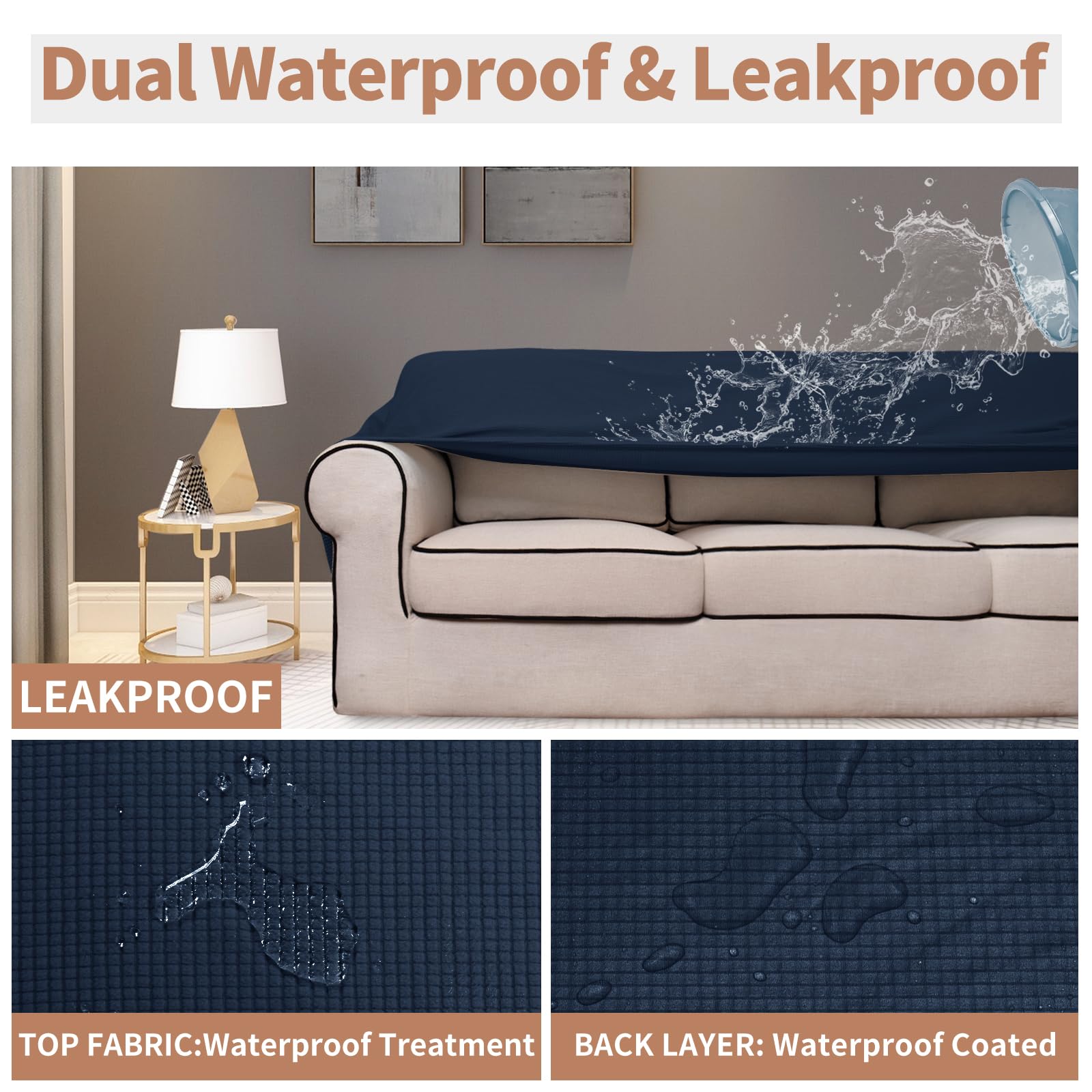 Easy-Going 100% Waterproof Loveseat Couch Cover, Dual Waterproof Sofa Cover, Stretch Jacquard Sofa Slipcover, Leakproof Furniture Protector for Kids, Pets, Dog and Cat (Loveseat, Dark Blue)