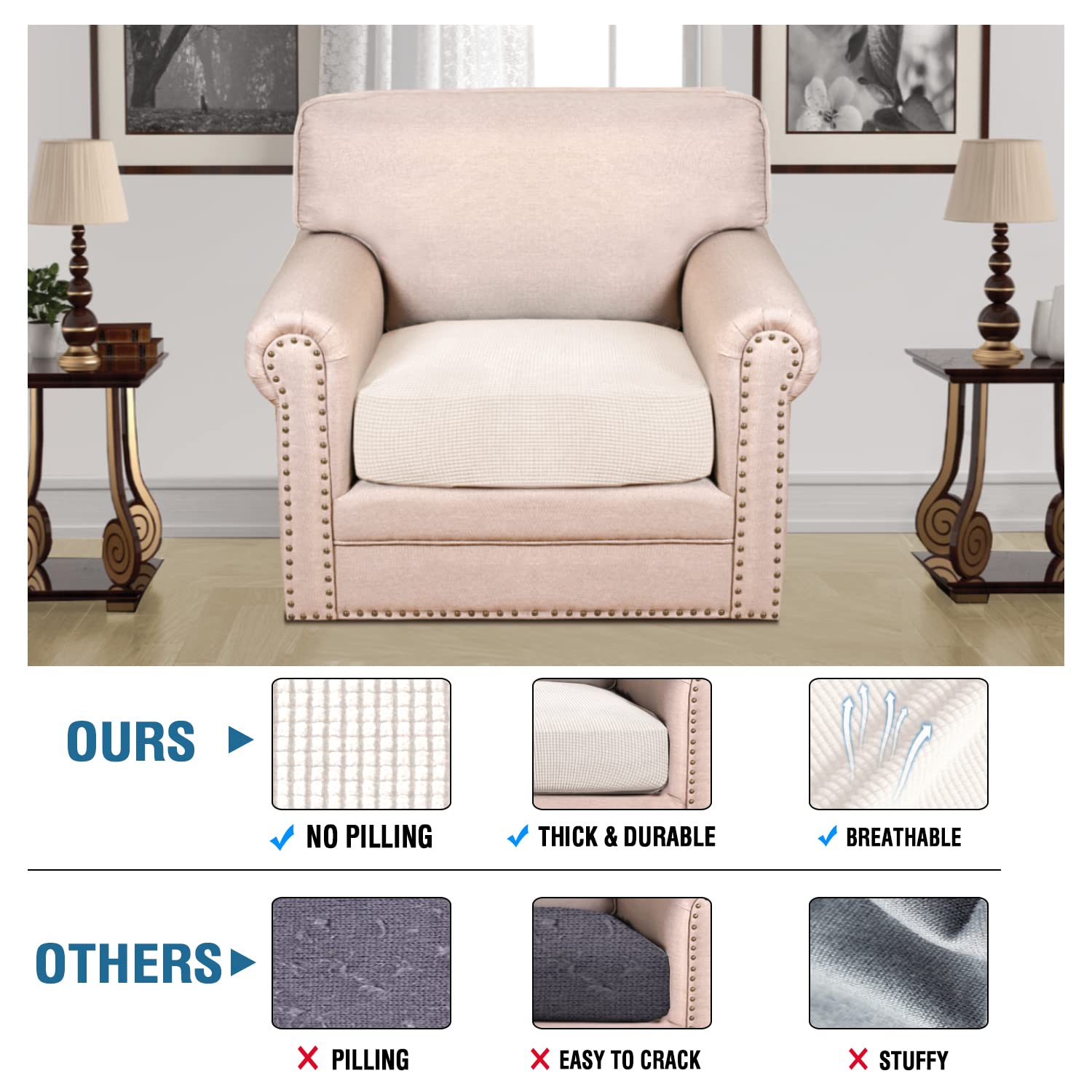 H.VERSAILTEX Stretch Couch Cushion Covers Individual Seat Sofa Chair Slipcovers Cushion Protector Cover Featuring Jacquard Textured Twill Fabric(1 Cushion Chair Cover, Ivory)