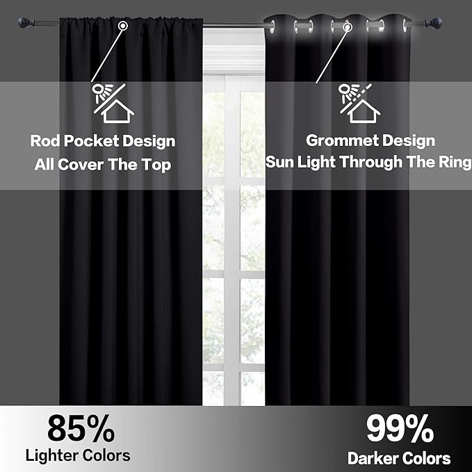 RYB HOME Short Blackout Curtains for Bedroom, Black Room Darkening Insulated Summer Heat Light UV Blocking Energy Saving Drapes for Nursery, Width 34 by Length 48, Black, Set of 2