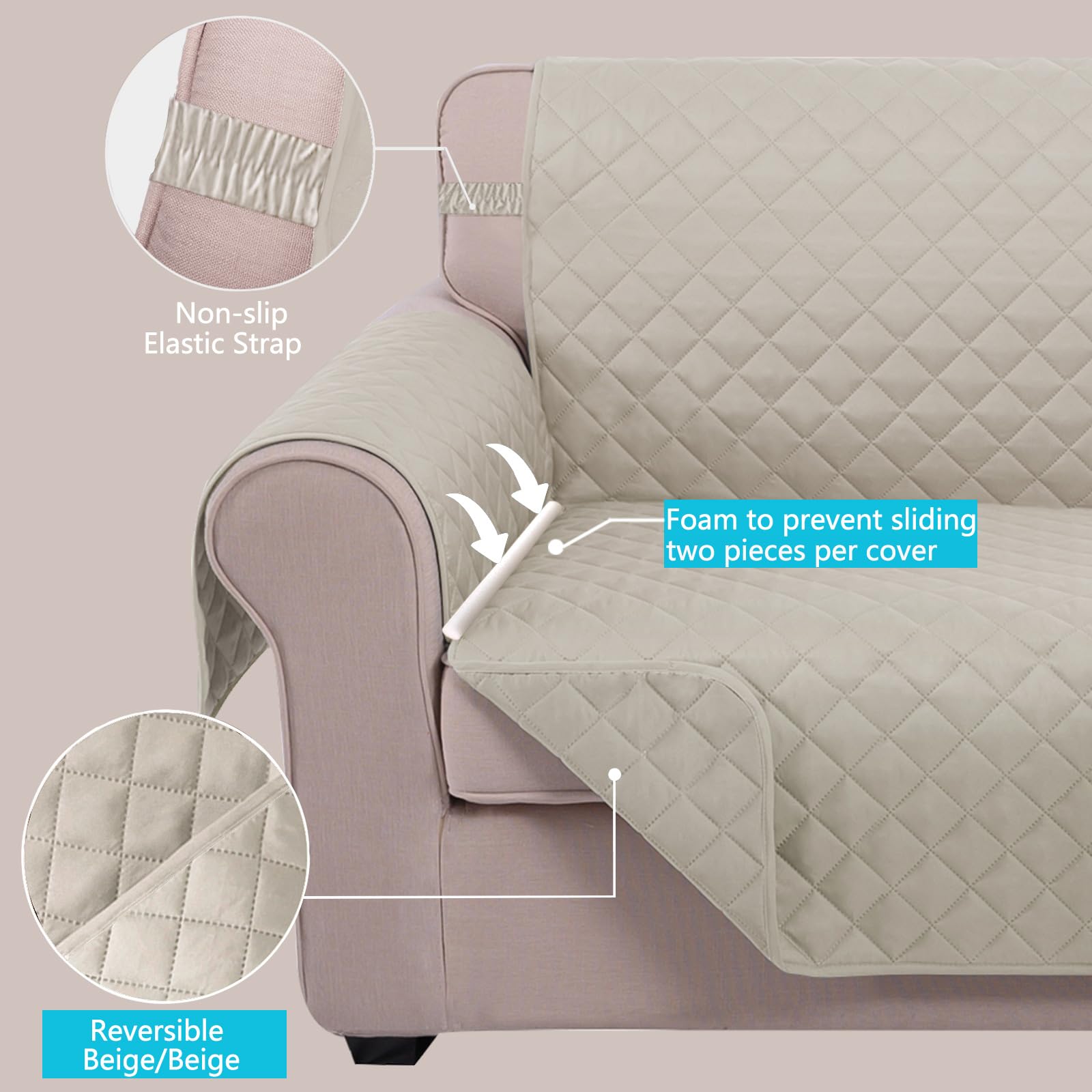 U-NICE HOME Loveseat Sofa Cover for 2 Cushion Couch, Beige/Beige