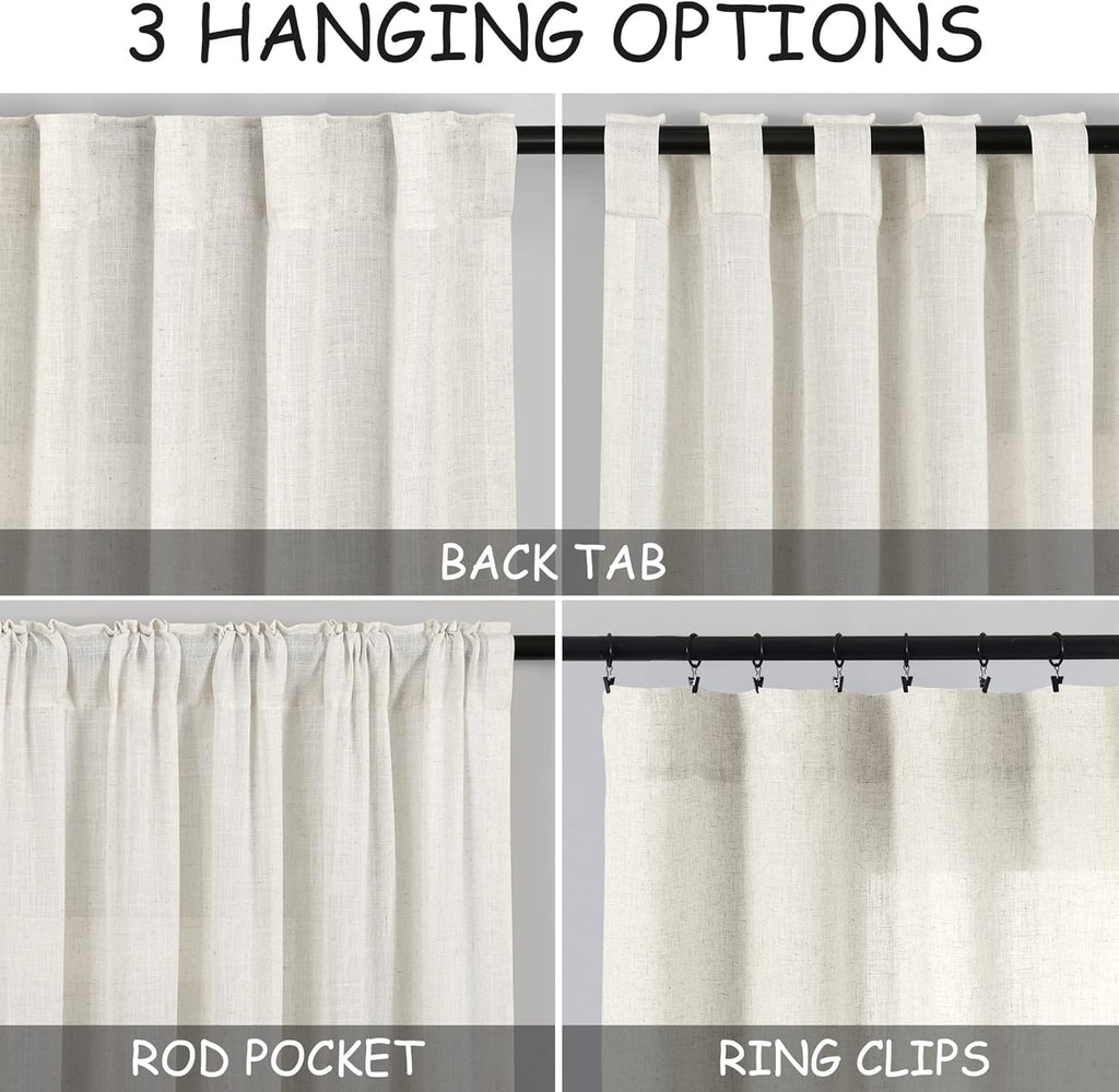 Nanspring 60 Inch Length Linen Curtains Cream Semi Sheer Light Filtering Back Tab and Rod Pocket Neutral Curtains for Bedroom Living Room 34 x 60 Inch,2 Panels