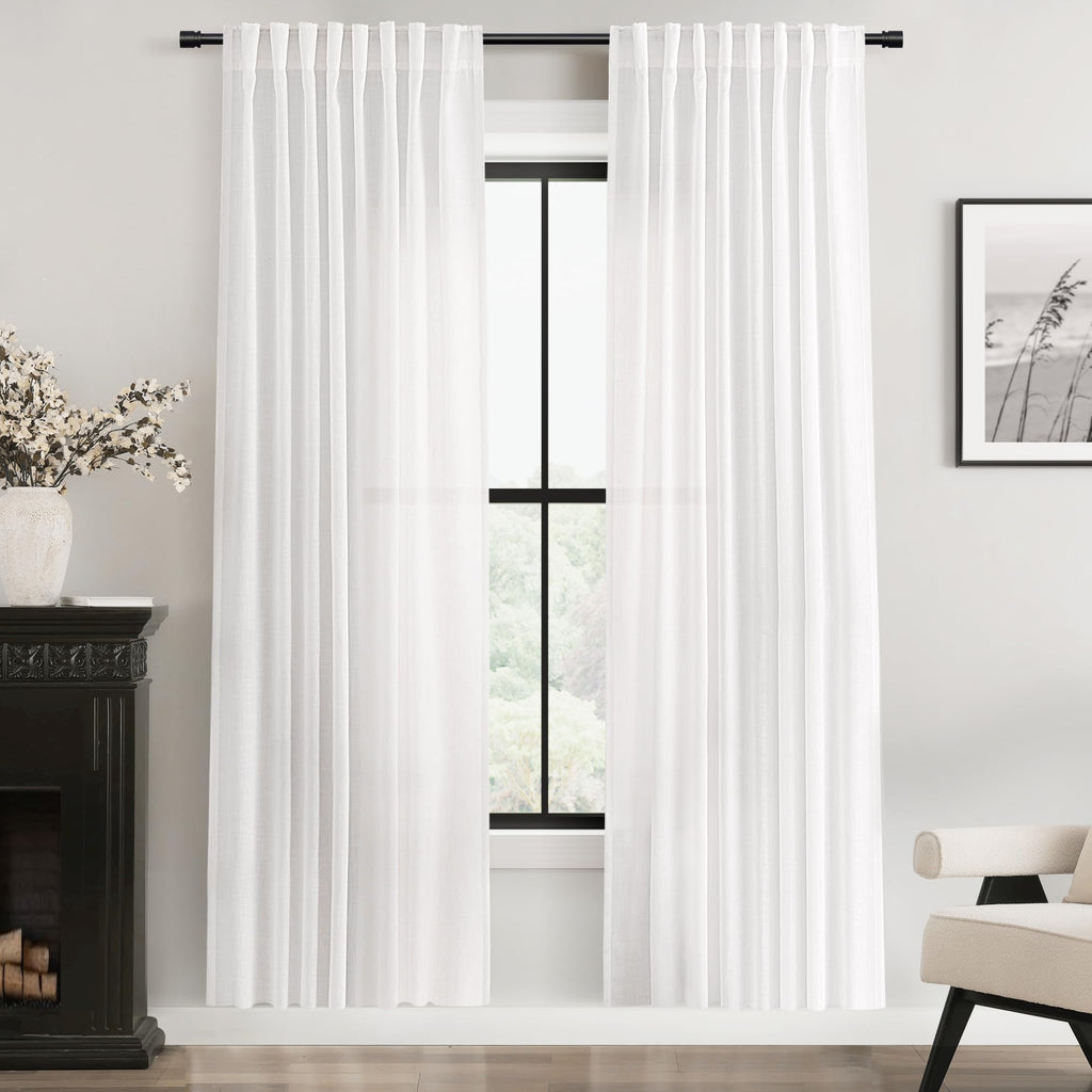 Jolilight White Linen Curtains 72 inch Long 2 Panel Set for Living Room Back Tab Semi Sheer Light Filtering Bedroom Window Curtain 72 inch Length Cotton Textured Modern Elegant Coastal Drapes 60x72