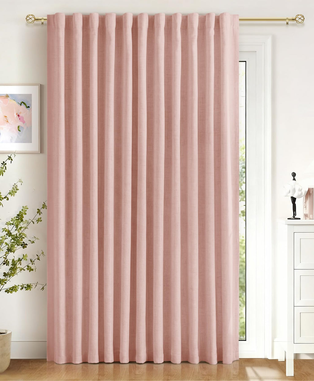 Linen Textured Total Blackout Sliding Door Curtains 84 Inch Long Blush Pink