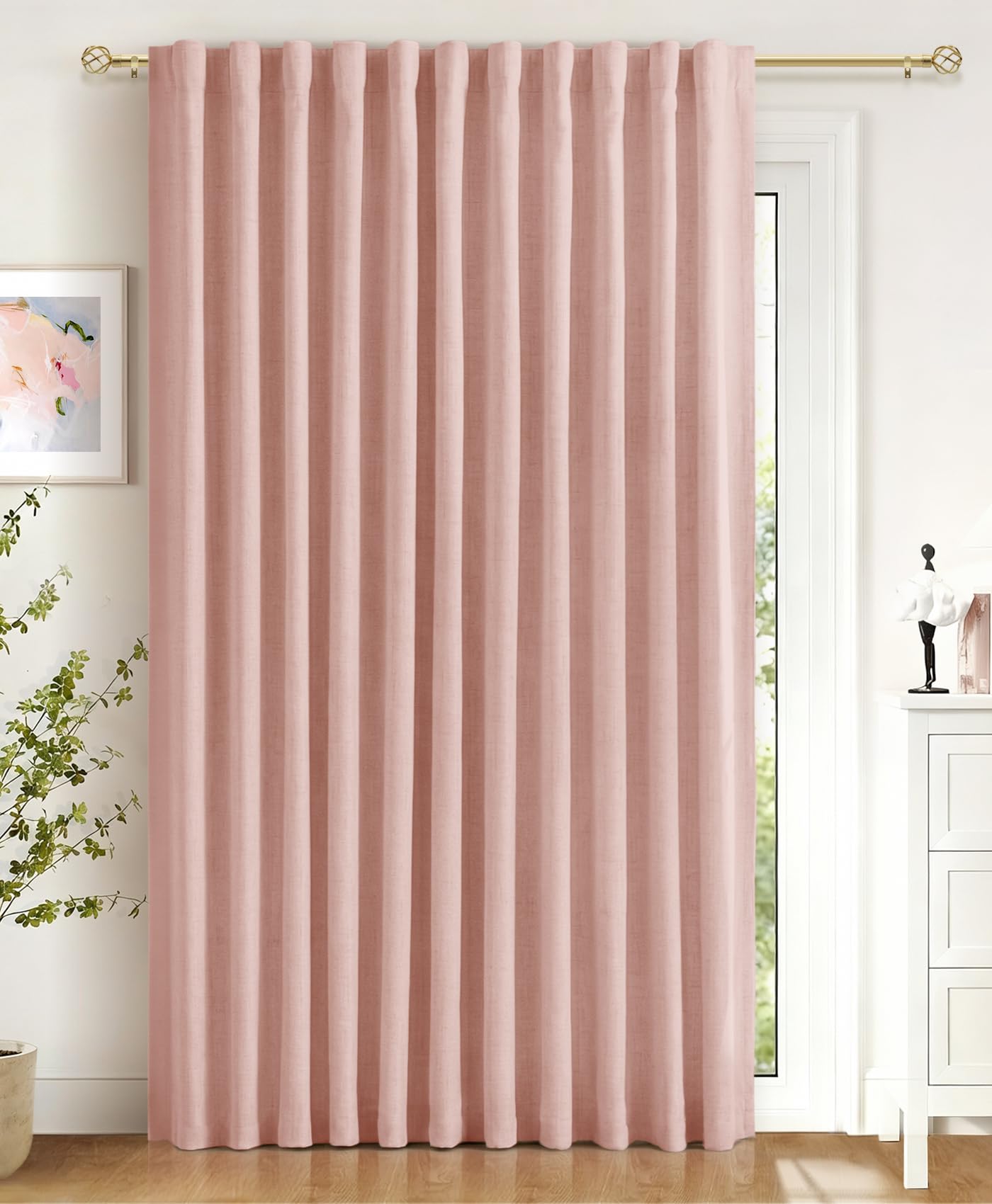 Linen Textured Total Blackout Sliding Door Curtains 84 Inch Long Blush Pink