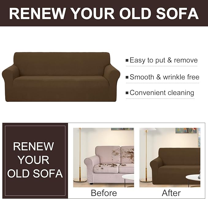 U-NICE HOME 4 Seater Stretch Couch Cover Sofa Cover Washable Sofa Slipcover Furniture Protector for 3 Cushion Couch Sofa Pet Friendly, Brown