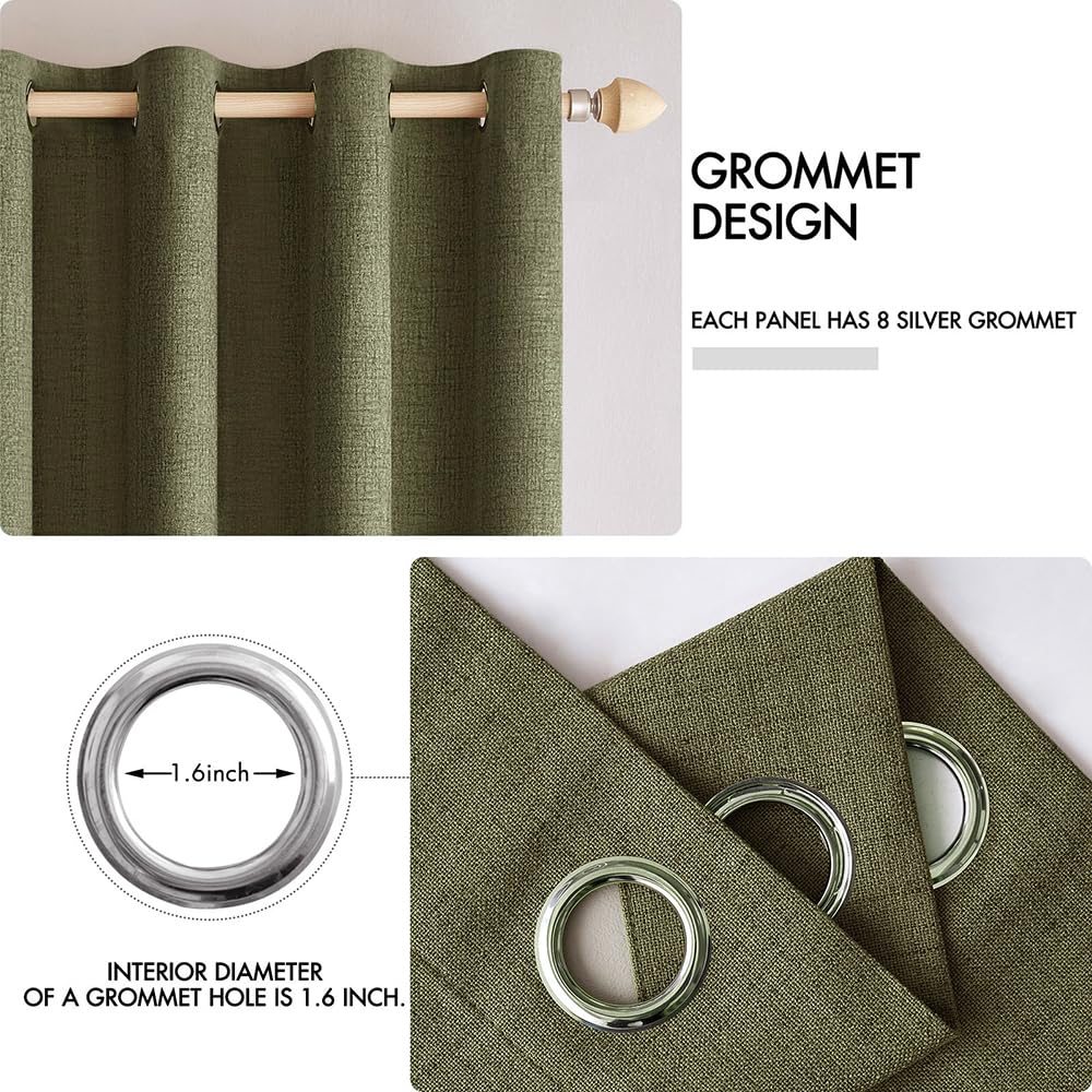 MIULEE 100% Blackout Linen Curtains for Bedroom 52x96 Light Olive Green