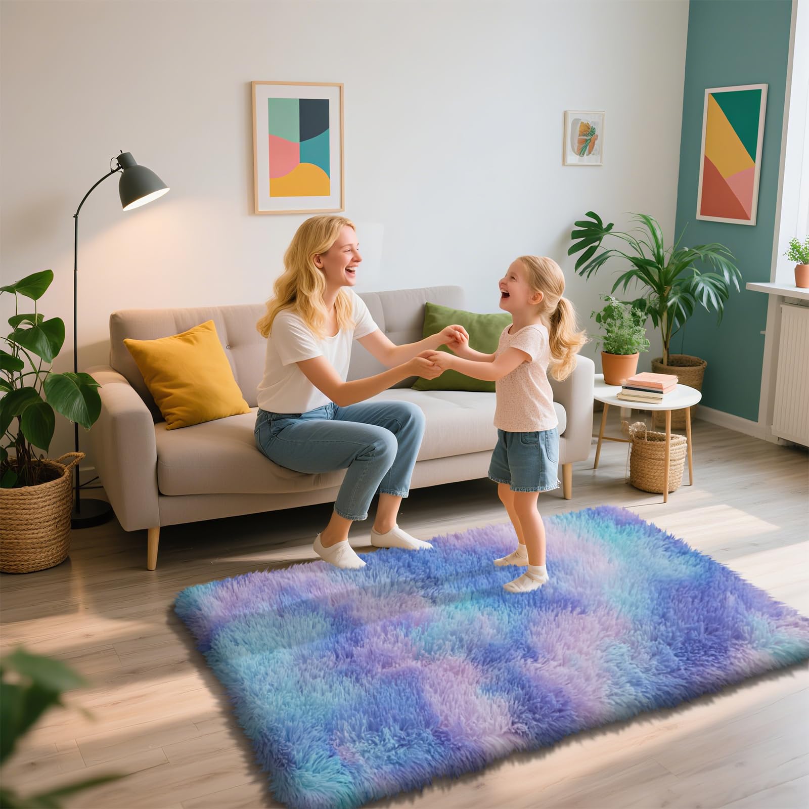 3x5 Area Rug for Bedroom, Rainbow Purple Fluffy Shag Rug Plush Carpet