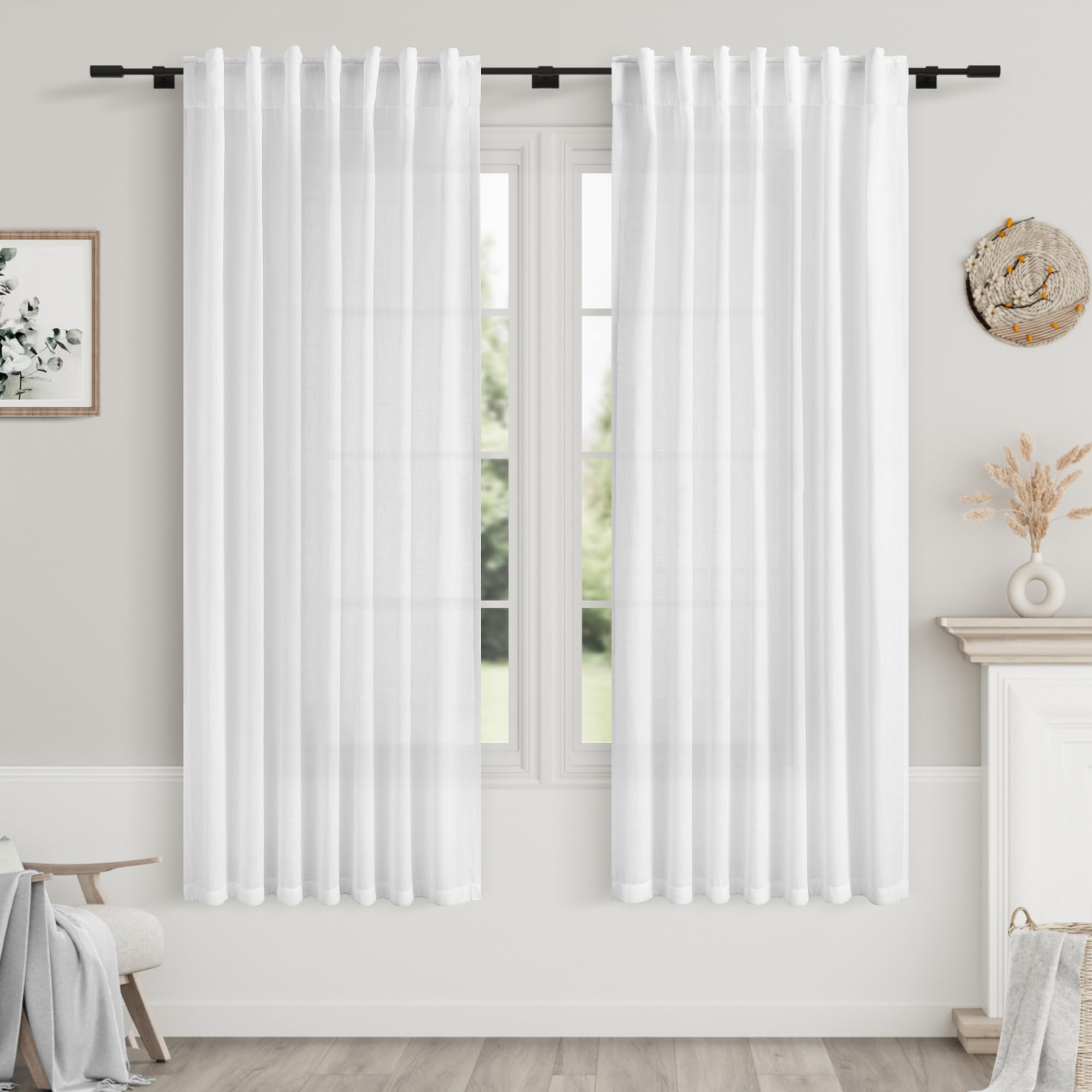 Nanspring White Linen Curtains for Bedroom Back Tab Light Filtering Privacy Sheer Curtains 68 Inches Long 2 Panels Set Modern Farmhouse Decor Linen Textured Gauze Curtain for Bathroom 52x68
