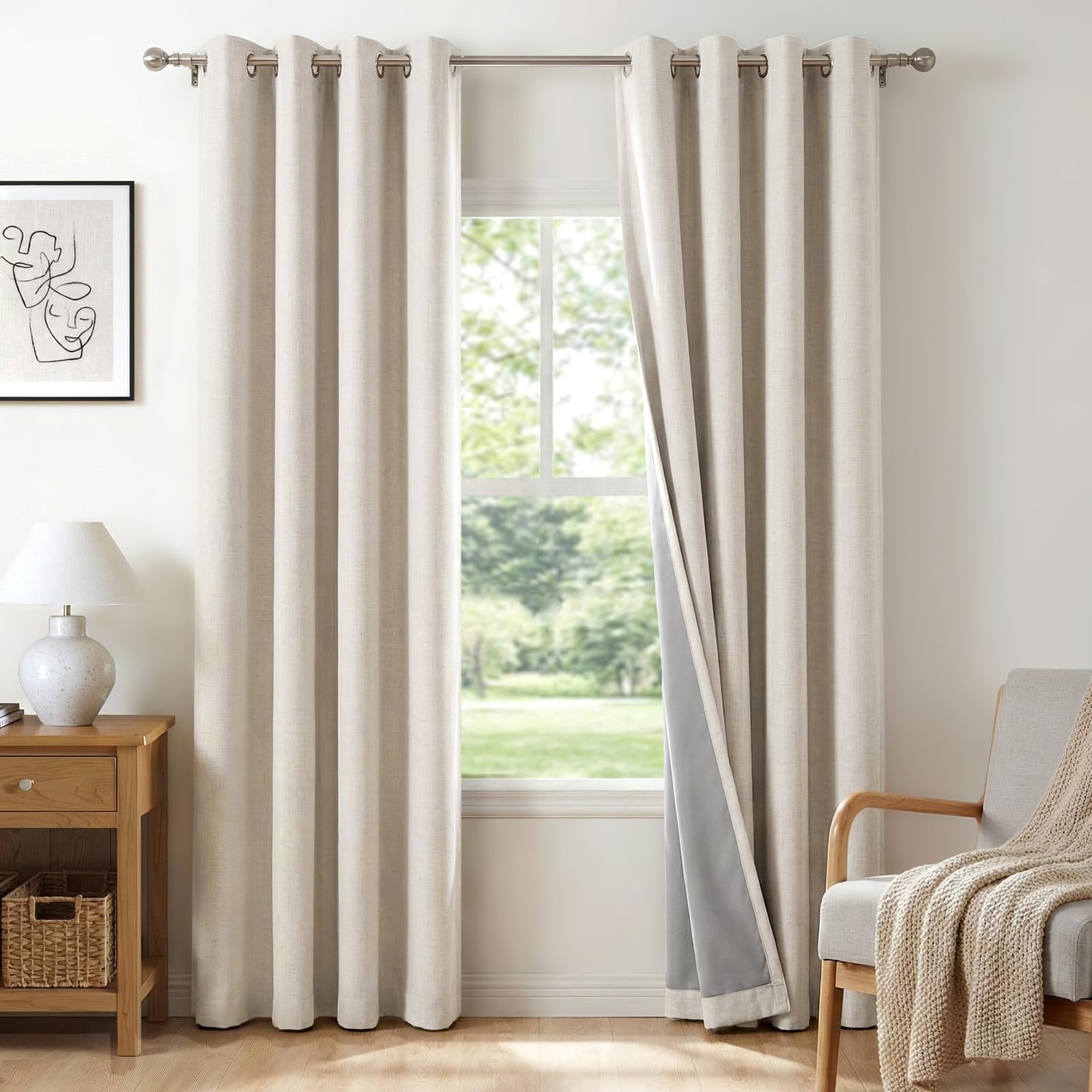 100% Blackout Linen Curtains 108 Inch Long 2 Panels Set, Oatmeal