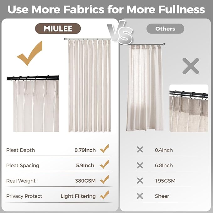 MIULEE Pinch Pleated Thick Linen Curtains 84 Inches Long 2 Panels for Living Room Bedroom, Linen Textured Memory Trained Drapes Pleat Back Tab Light Filtering Natural Window Curtains with Hooks&Rings