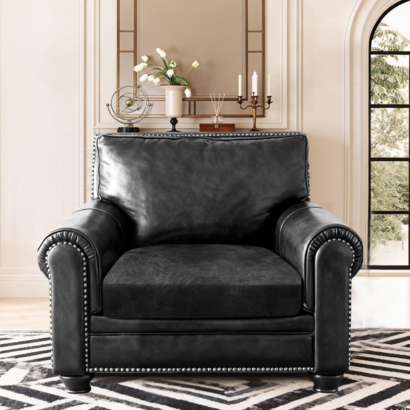 ANARACHON Leather Look Couch Cushion Covers Sofa Seat Slipcovers Sets Couches Furniture Protector for Sectional Armchair Loveseat Pets Kids Stretch Spandex Fabric (1 Cushion Armchair, Dark Grey)