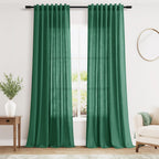 Dark Green Linen Curtains 90 Inch Long 2 Panels Set for Bedroom Living Room Emerald Green Linen Textured Window Drapes Semi Sheer Light Filtering Rod Pocket Back Tab Farmhouse Curtain 52x90