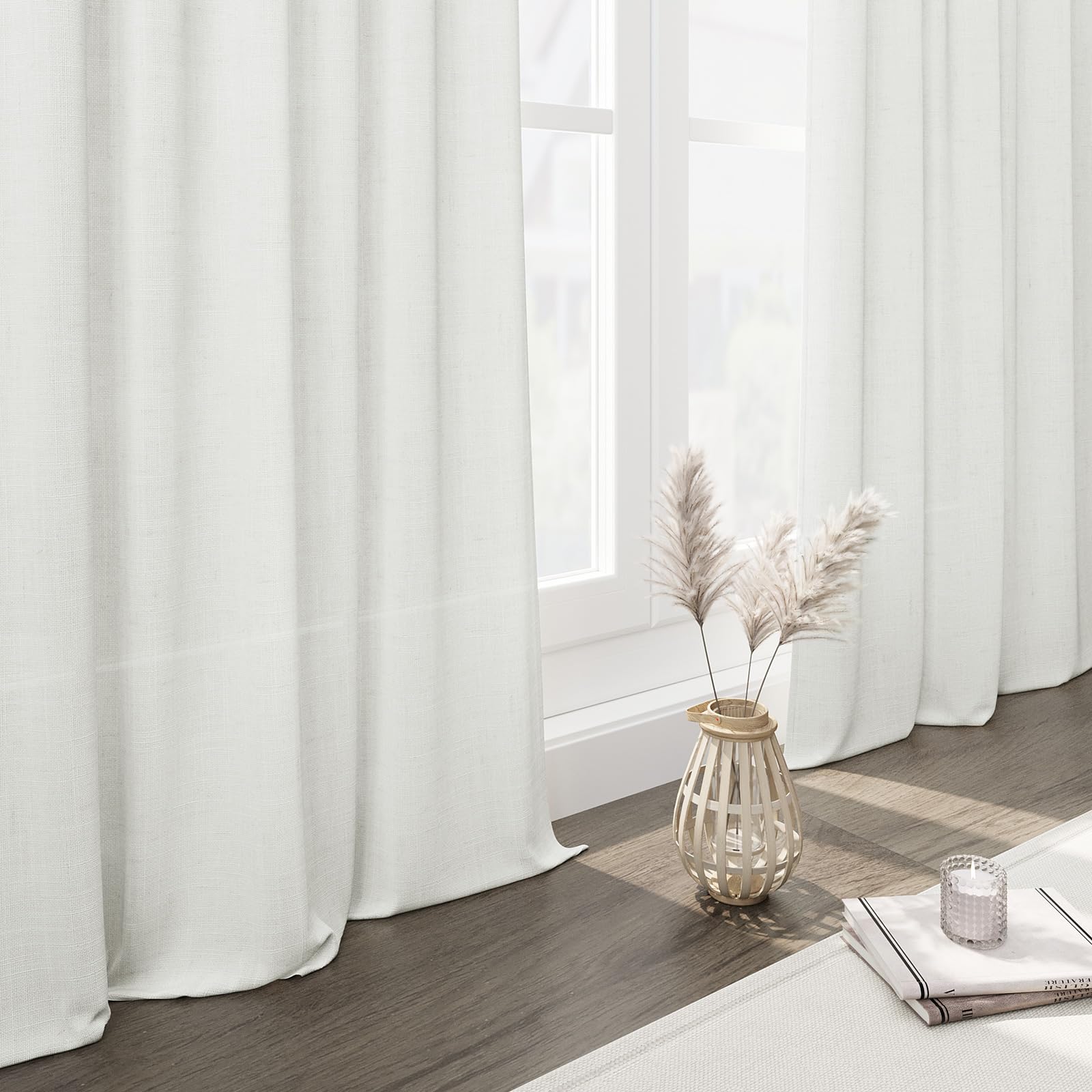 Semi Sheer Linen Curtains 90 Inches Long for Living Room 2 Panels Set Back Tab Pocket Ivory White Tall Vertical Curtains Luxury Light Filter Privacy Curtain Drapes for Bedroom Aesthetic 52X90