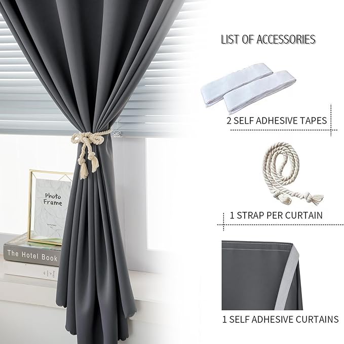 Sovtfides Magic Tape Stick On Curtains Window Shades Pull Down Blackout Window Cover Blackout Curtains for Bedroom No Drillng Self Adhesive Curtains No Rod Small Curtain, 35" W X 79" L, Grey, 1 Panel
