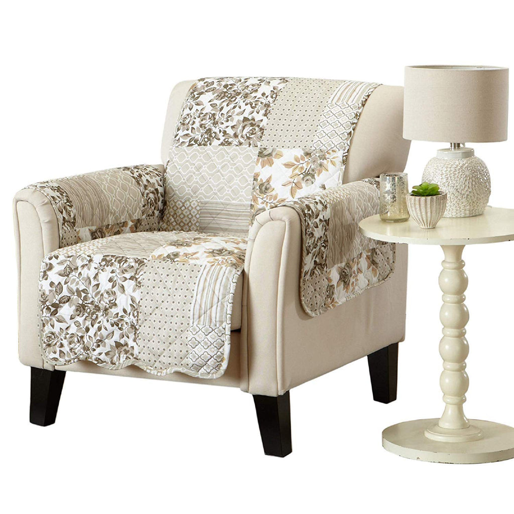 Great Bay Home Reversible Patchwork Chair Cover - Washable Slipcover Furniture Protector with Elastic Straps - Perfect for Kids & Pets - Box-Stitched Detail (Taupe)