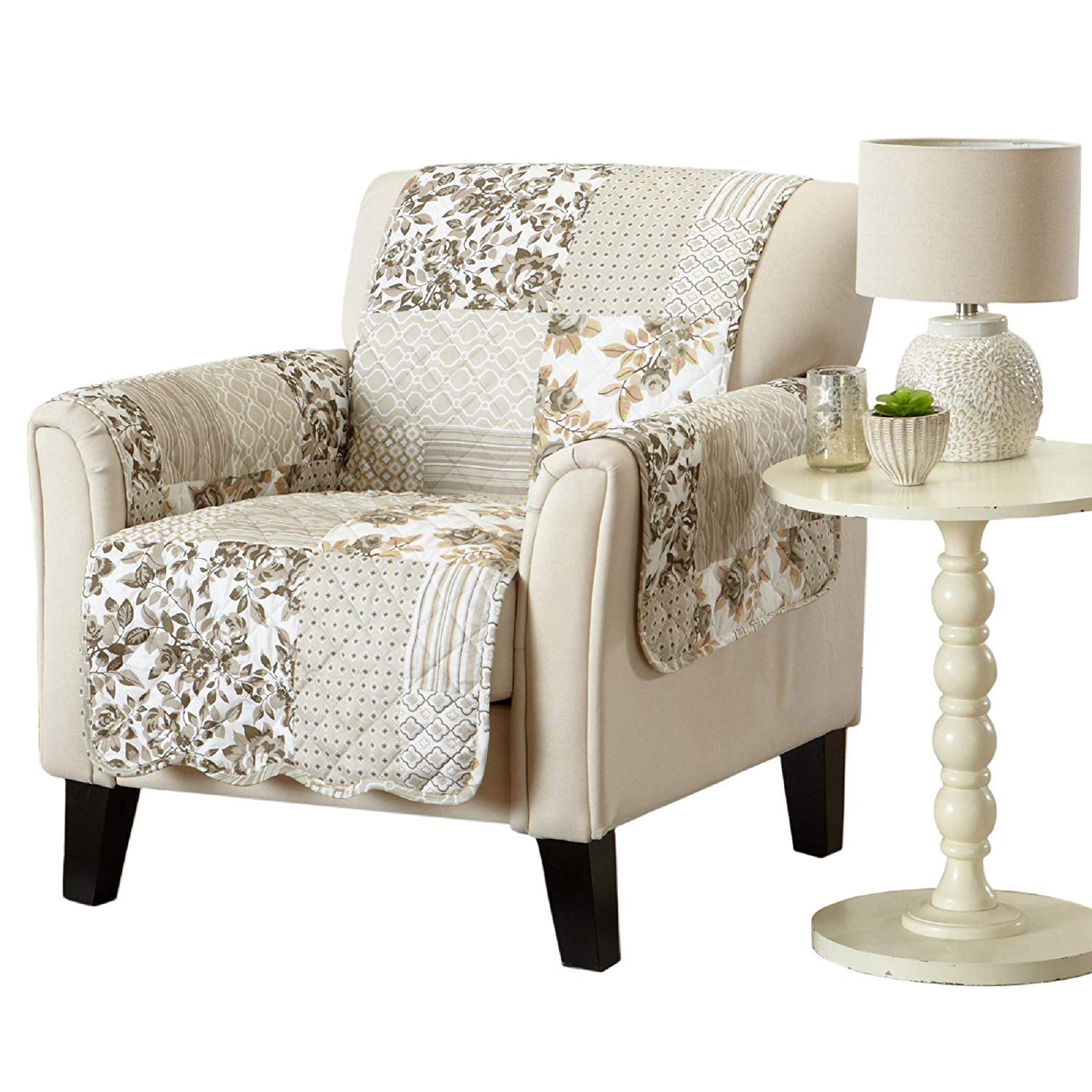 Great Bay Home Reversible Patchwork Chair Cover - Washable Slipcover Furniture Protector with Elastic Straps - Perfect for Kids & Pets - Box-Stitched Detail (Taupe)
