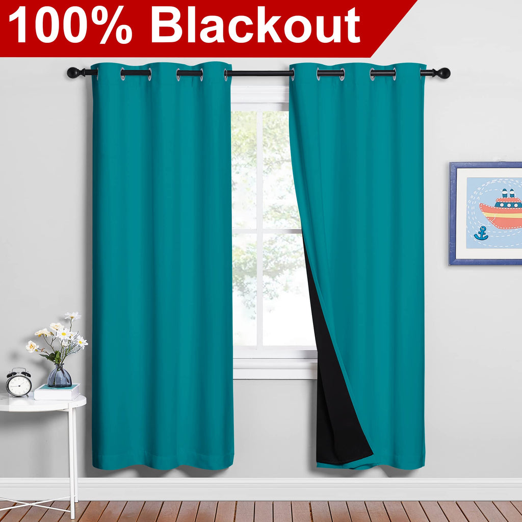 NICETOWN Full Shade Curtain Panels, 37" Wide x 70" Long, Peacock Teal, Pair of Thermal Insulated & Energy Efficiency Blackout Drapes for Living Room, Lined Silky Performance Window Dressing
