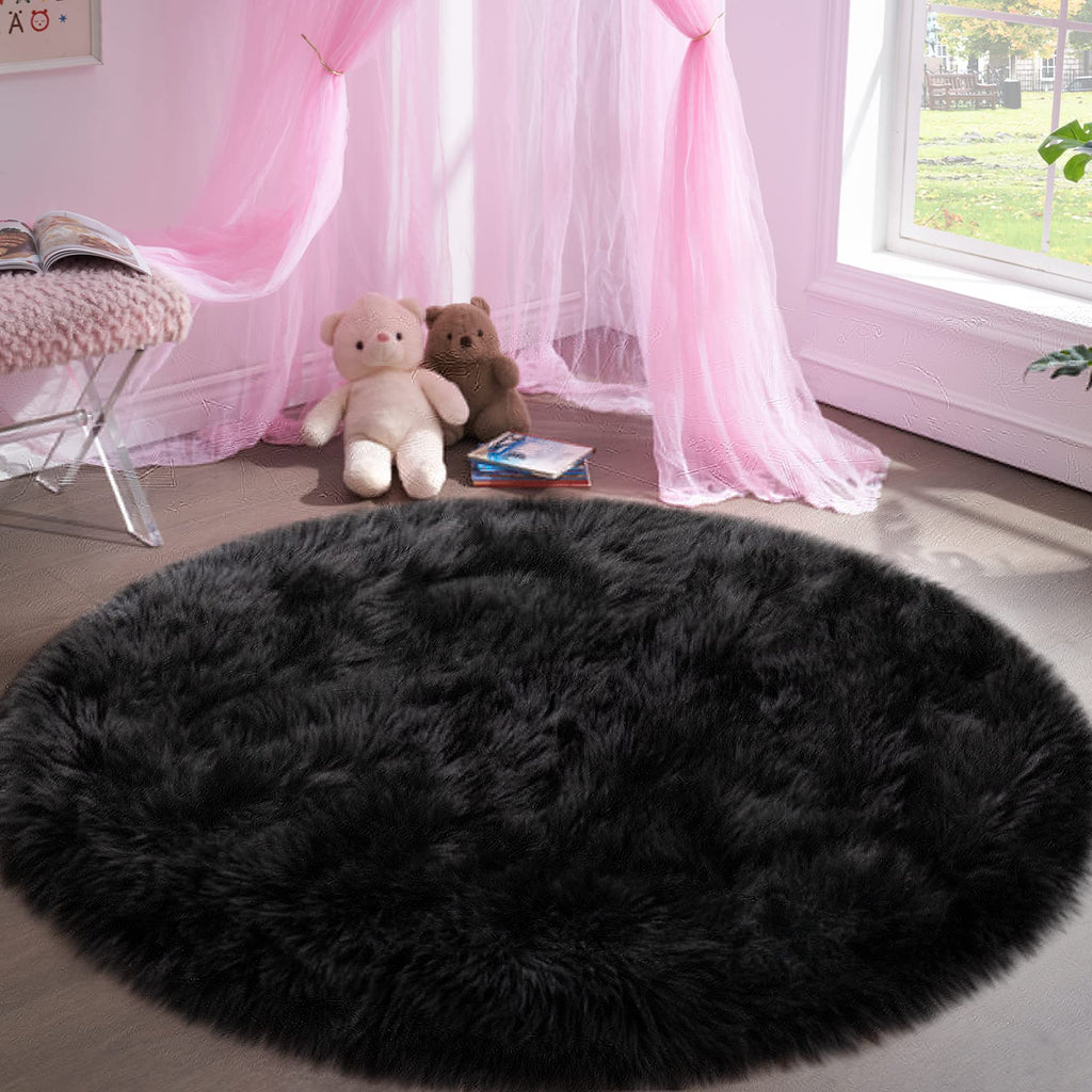 Tangsoo Round Faux Fur Rugs,Sheepskin Round Rugs 3ft,Soft Black Circle Rug