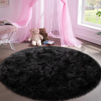 Tangsoo Round Faux Fur Rugs,Sheepskin Round Rugs 3ft,Soft Black Circle Rug
