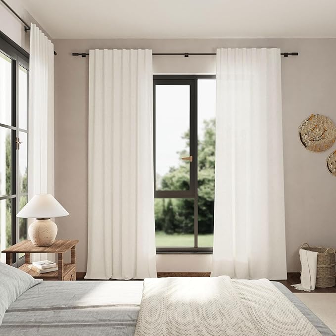 Nanspring Beige White Linen Curtains 63 Inch Length for Living Room Semi Sheer Curtain Back Tab and Rod Pocket Rustic Farmhouse Dector Coastal Room Decor Drapes for Bedroom 40 X 63, 2 Panels