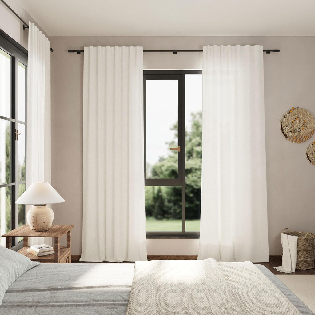 Nanspring Beige White Linen Curtains 96 Inches Long for Living Room Privacy Light Filtering Semi Sheer Curtain Back Tab and Rod Pocket Coastal Decor Drapes for Bedroom Dinner 40 X 96, 2 Panels